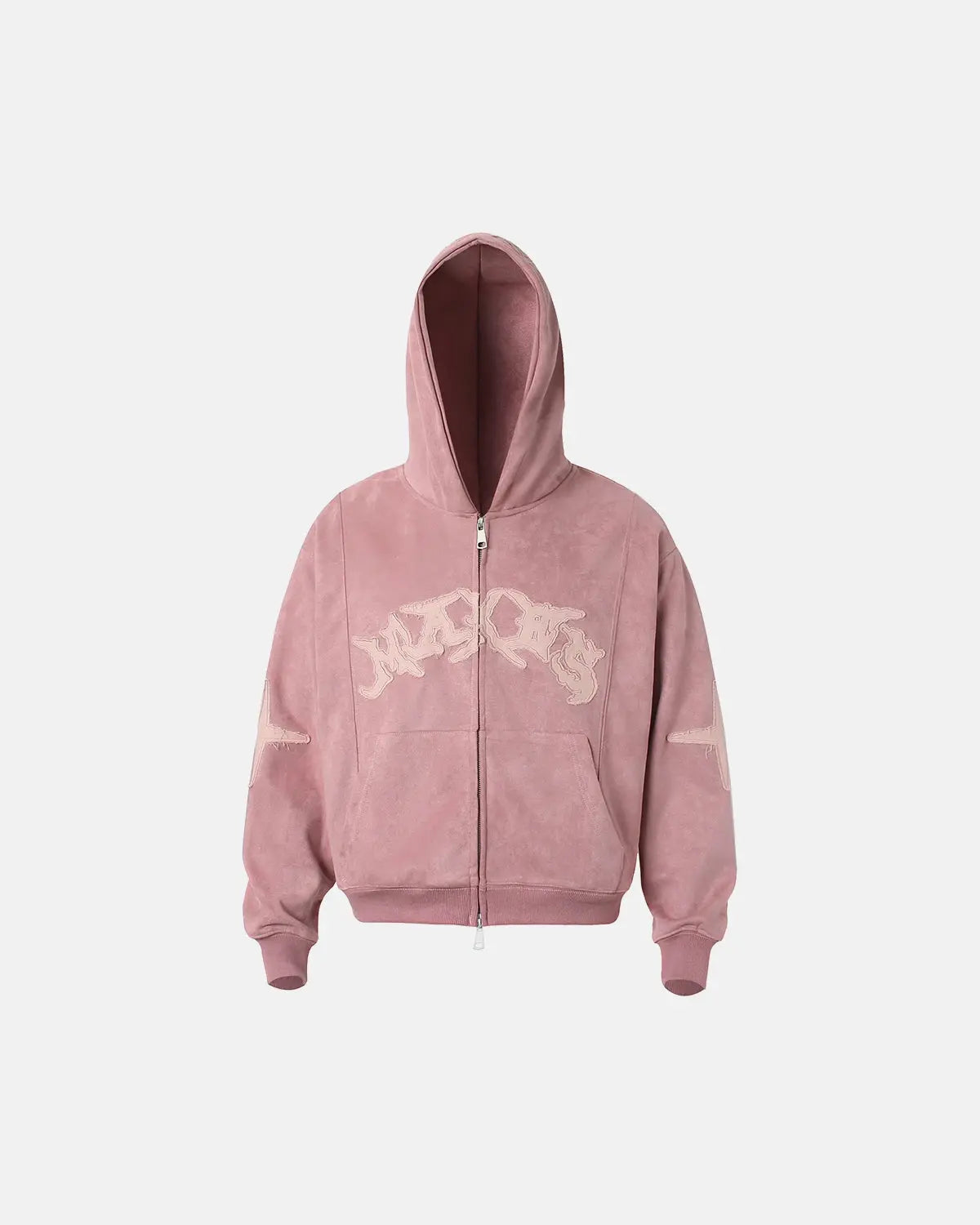 Inflation streetwear suede patch embroidery zip hoodie featuring embroidered patches and a front zipper, casual urban style.
