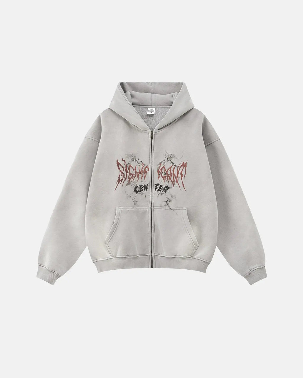 Flation Washed Graphic Zip-Up Hoodie showing the front design, soft fabric, and casual fit in a relaxed style.