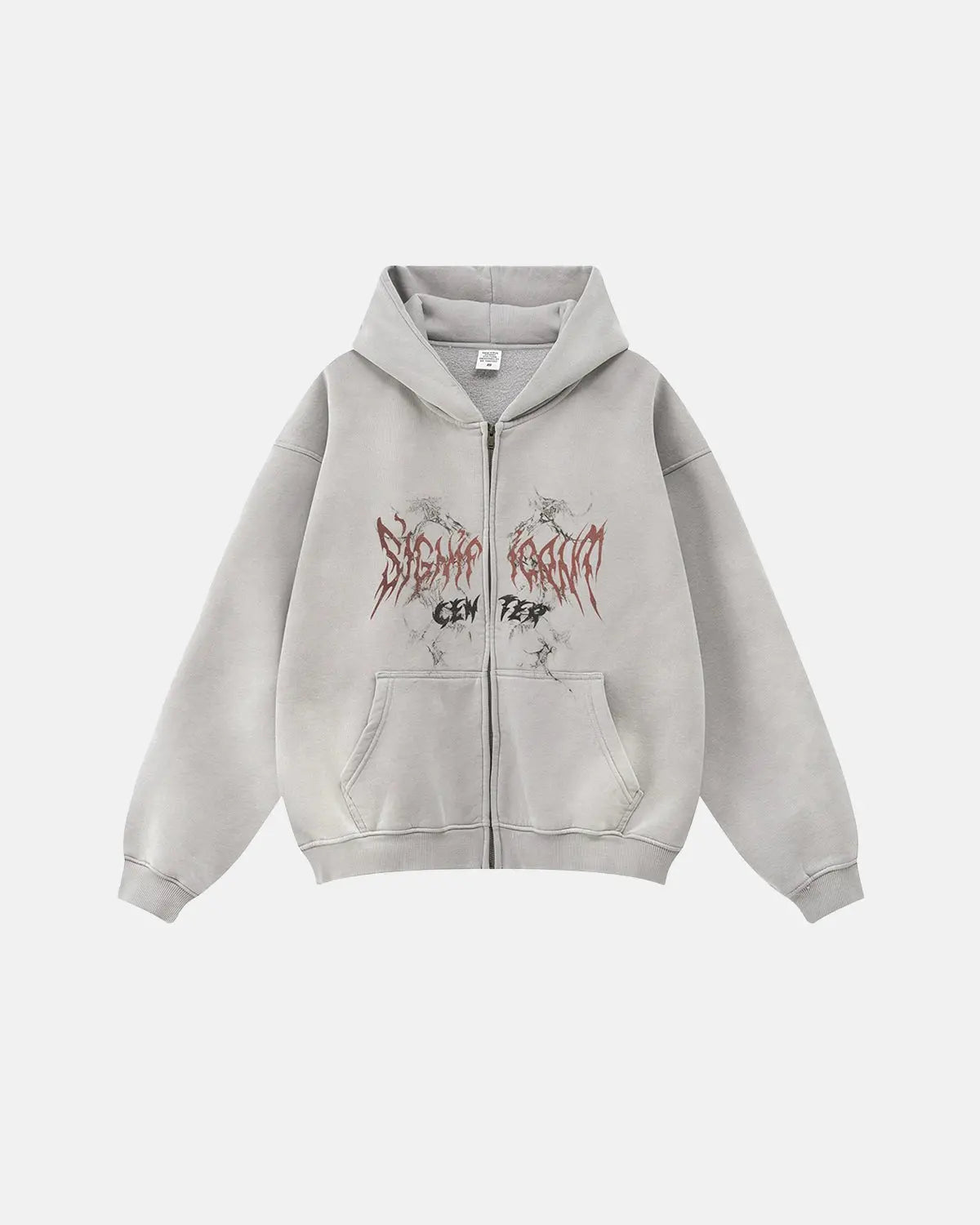 Flation Washed Graphic Zip-Up Hoodie showing the front design, soft fabric, and casual fit in a relaxed style.