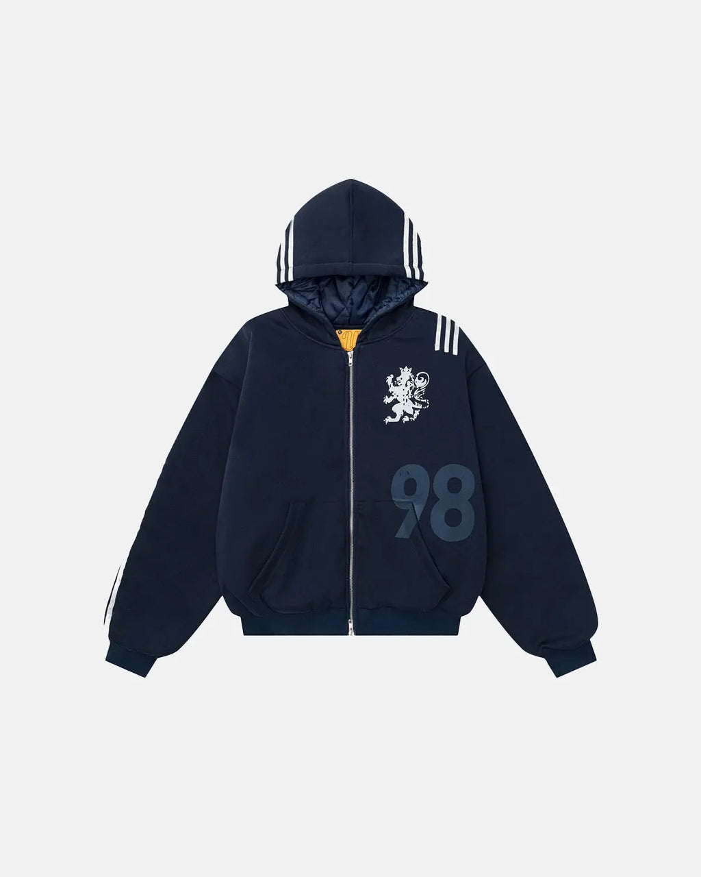 Gothic striped hooded bomber jacket by INFLATION, featuring dark vertical stripes and a casual streetwear style.