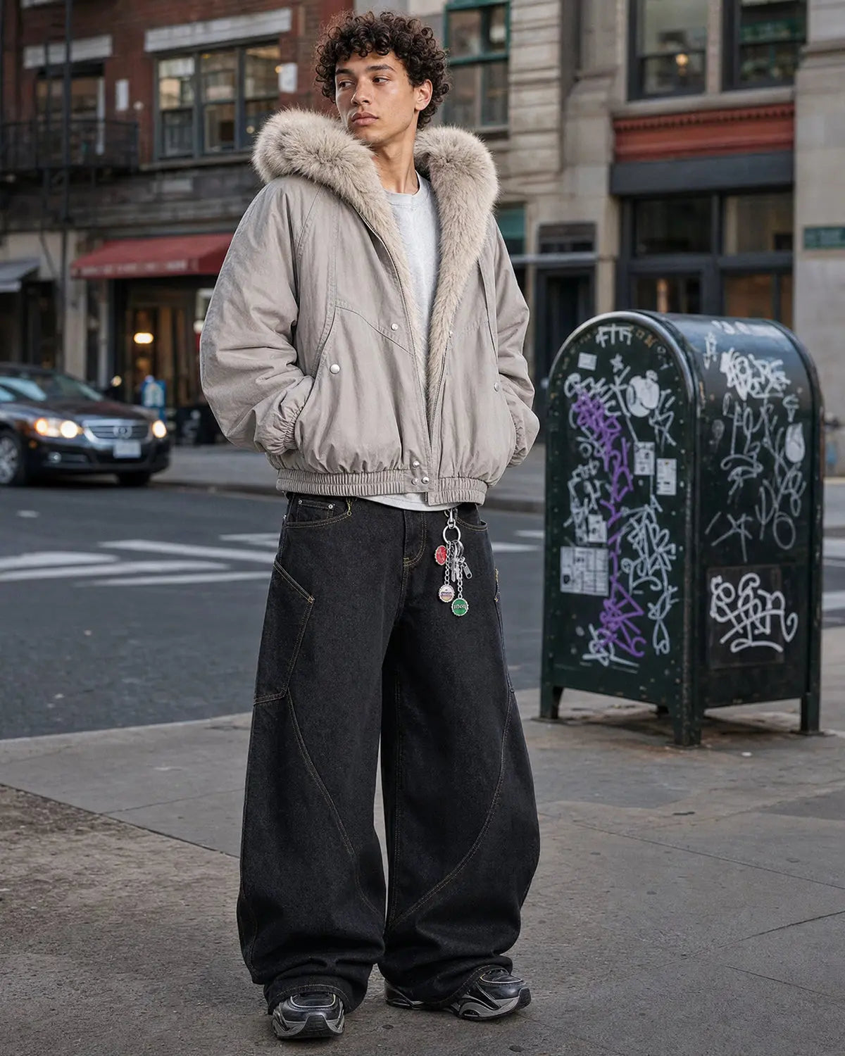 Inflation streetwear faux fur lined bomber hooded jacket with quilted design and ribbed cuffs, displayed on a hanger.