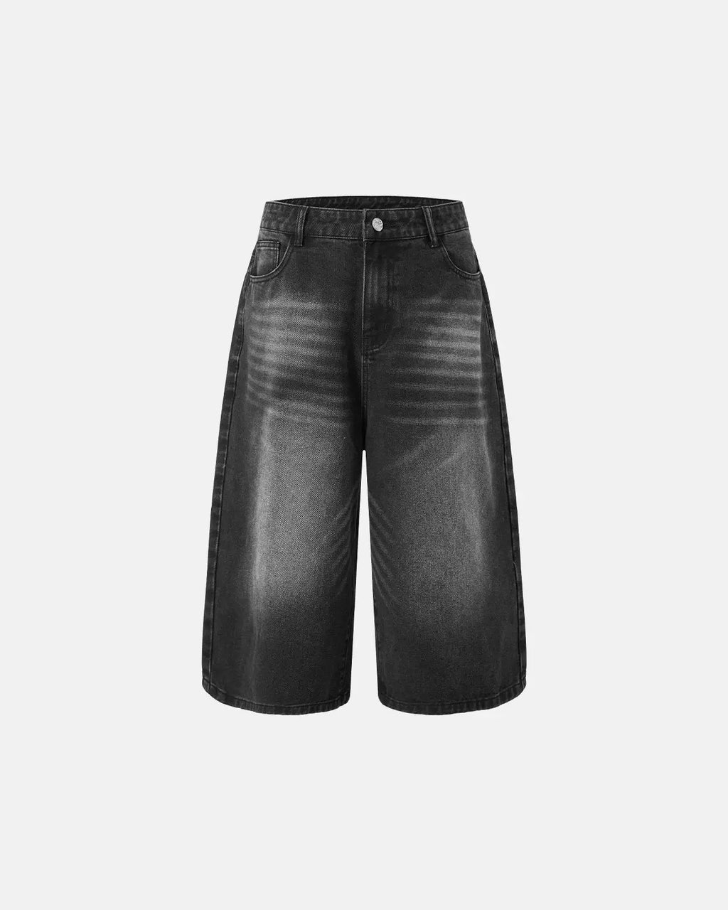 Washed baggy longline jorts pants by Flation Streetwear, featuring relaxed fit denim with distressed details and a casual style.