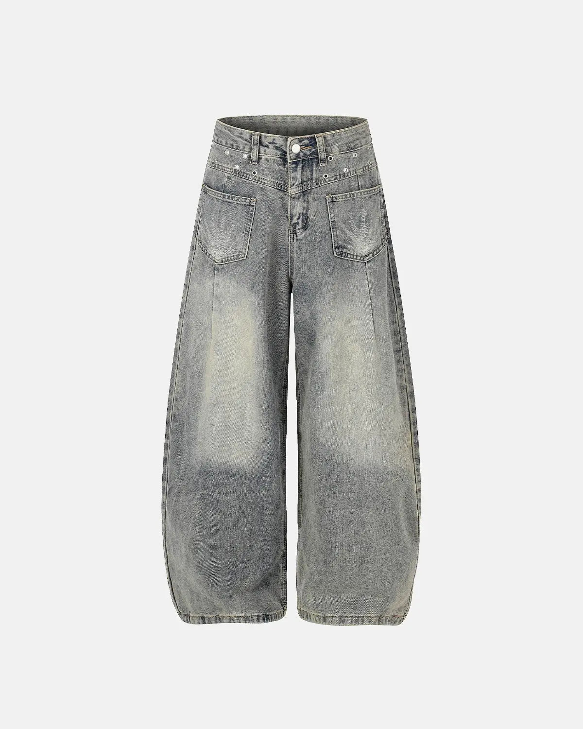 Distressed eyelet barrel jeans by INFLATION featuring a relaxed fit, frayed details, and eyelet accents on denim.