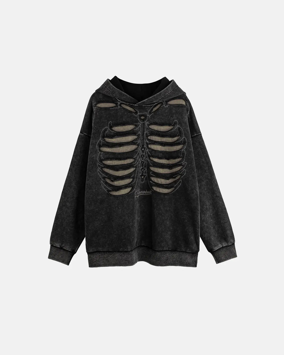 Distressed ribcage wash hoodie from INFLATION Streetwear featuring a worn, vintage-inspired design and casual fit.
