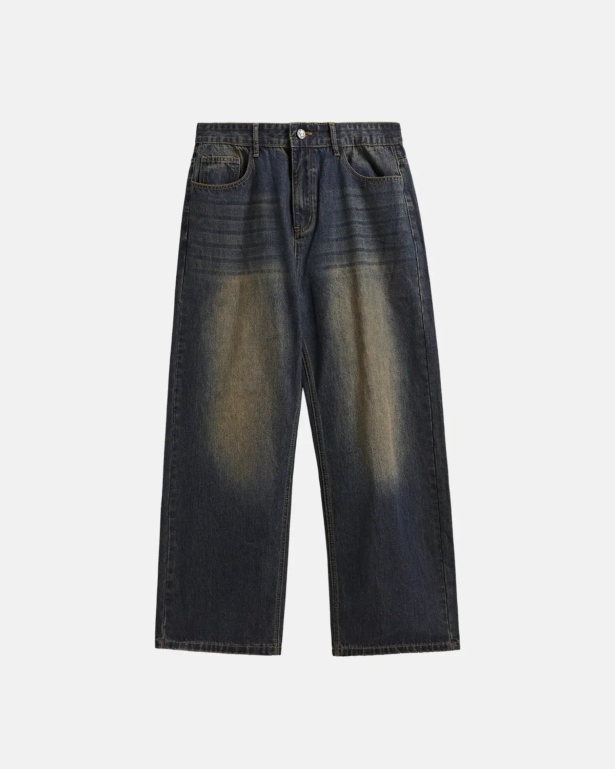 Inflation Monkey Wash Wide Leg Jeans featuring a relaxed fit and classic denim texture, styled with casual streetwear details.