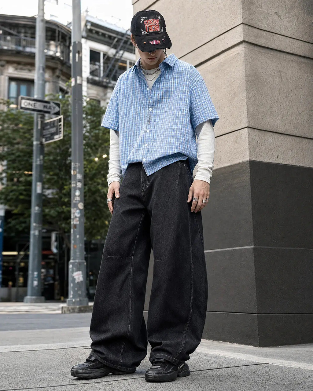 Flation Raw Color Barrel Baggy Jeans, men's casual pants with a relaxed fit and raw hem, in colorful distressed denim style.
