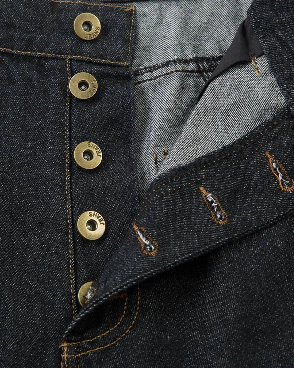 Flation Stitching Button Up Baggy Jeans with prominent stitching details and relaxed fit, casual streetwear style.