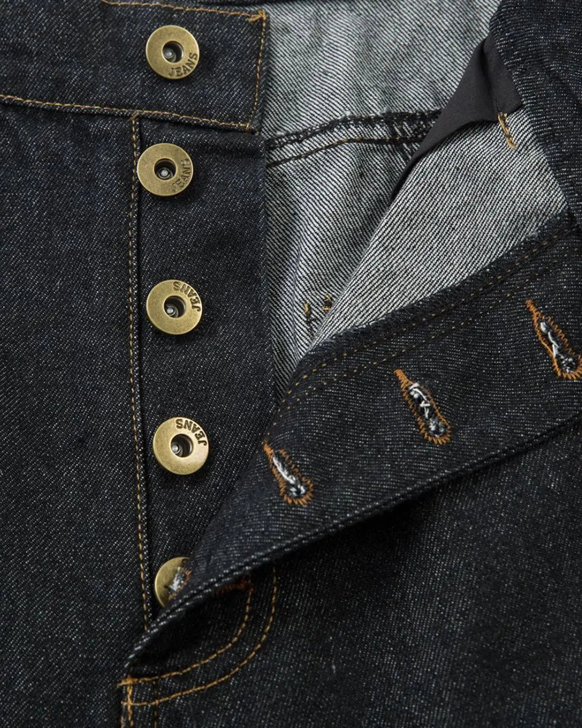 Flation Stitching Button Up Baggy Jeans with prominent stitching details and relaxed fit, casual streetwear style.
