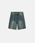 Washed knee-length denim jorts by INFLATION, casual streetwear pants with a relaxed fit and distressed details.
