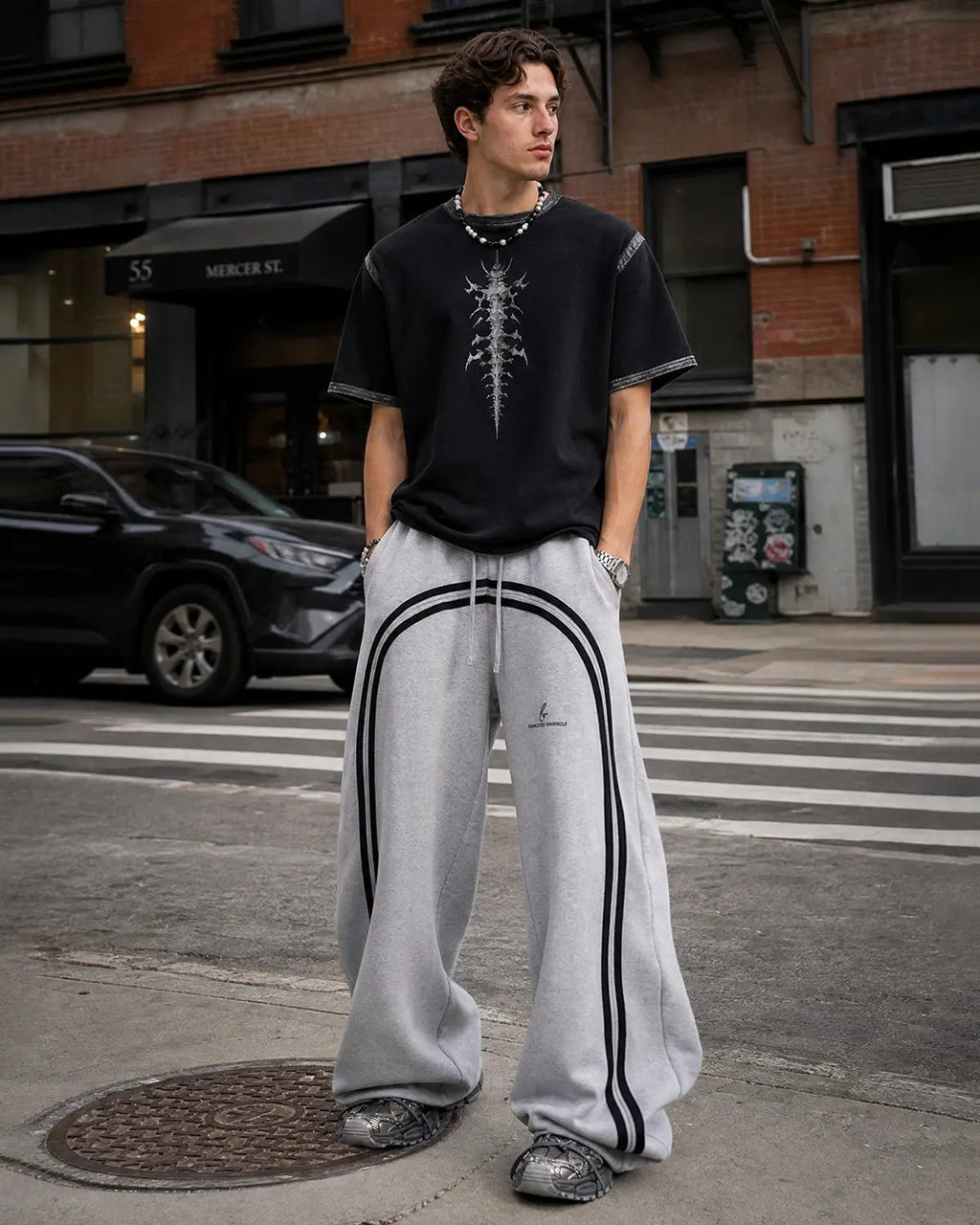 Washed ribbon wide-leg sweatpants by Flation Streetwear, showing relaxed fit with wide legs and washed fabric detail.