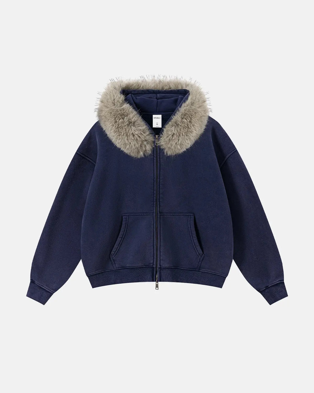 Inflation streetwear faux fur collar acid wash zip-up hoodie, featuring a cozy hood and stylish design.