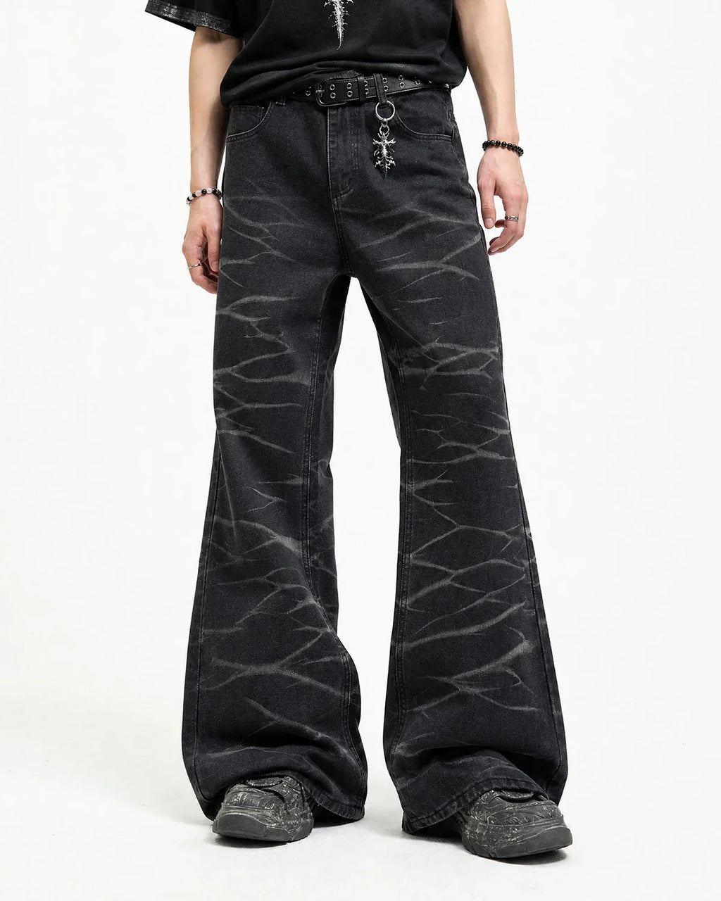 Black Whisker Wash Bootcut Jeans by INFLATION Streetwear featuring a classic bootcut fit and whisker wash denim style.
