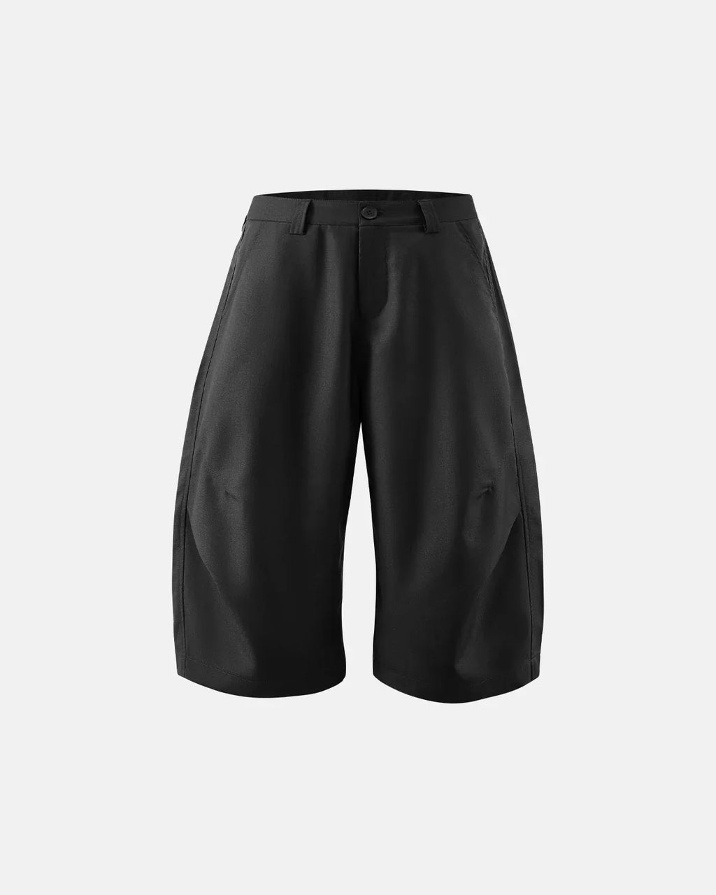 Pleated barrel tailoured Bermuda shorts in neutral color, stylish streetwear by Flation, shown on a model.