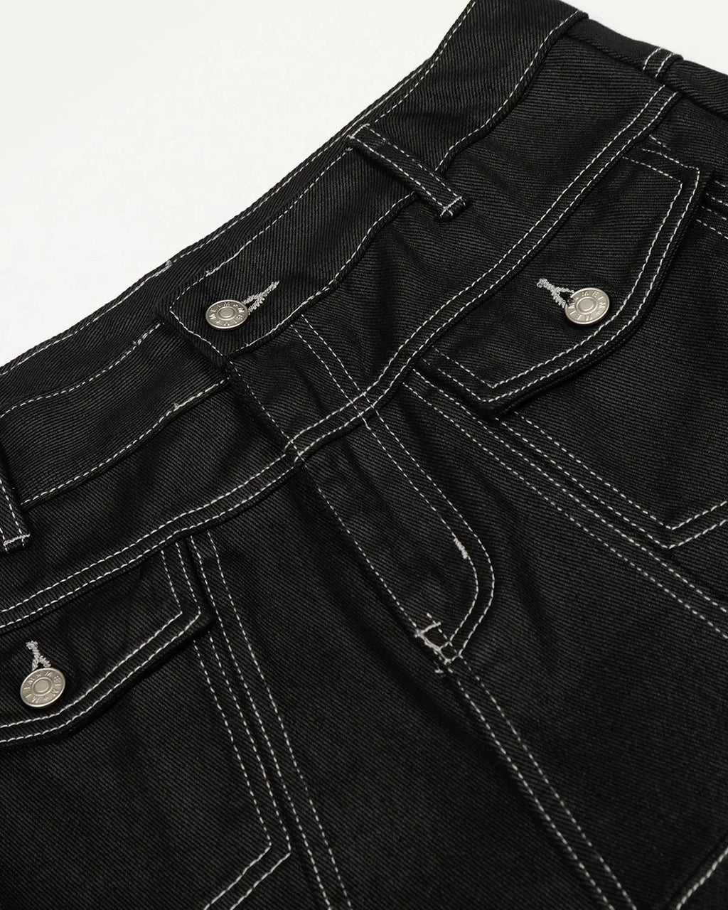 Letter graphic cargo barrel jeans by INFLATION Streetwear featuring a relaxed fit with bold letter graphics and multiple cargo pockets.