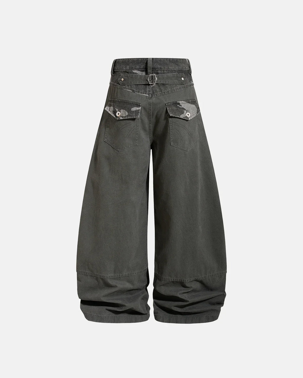 Camo patchwork barrel pants by INFLATION, featuring a relaxed fit with camouflage and patchwork details, streetwear style.