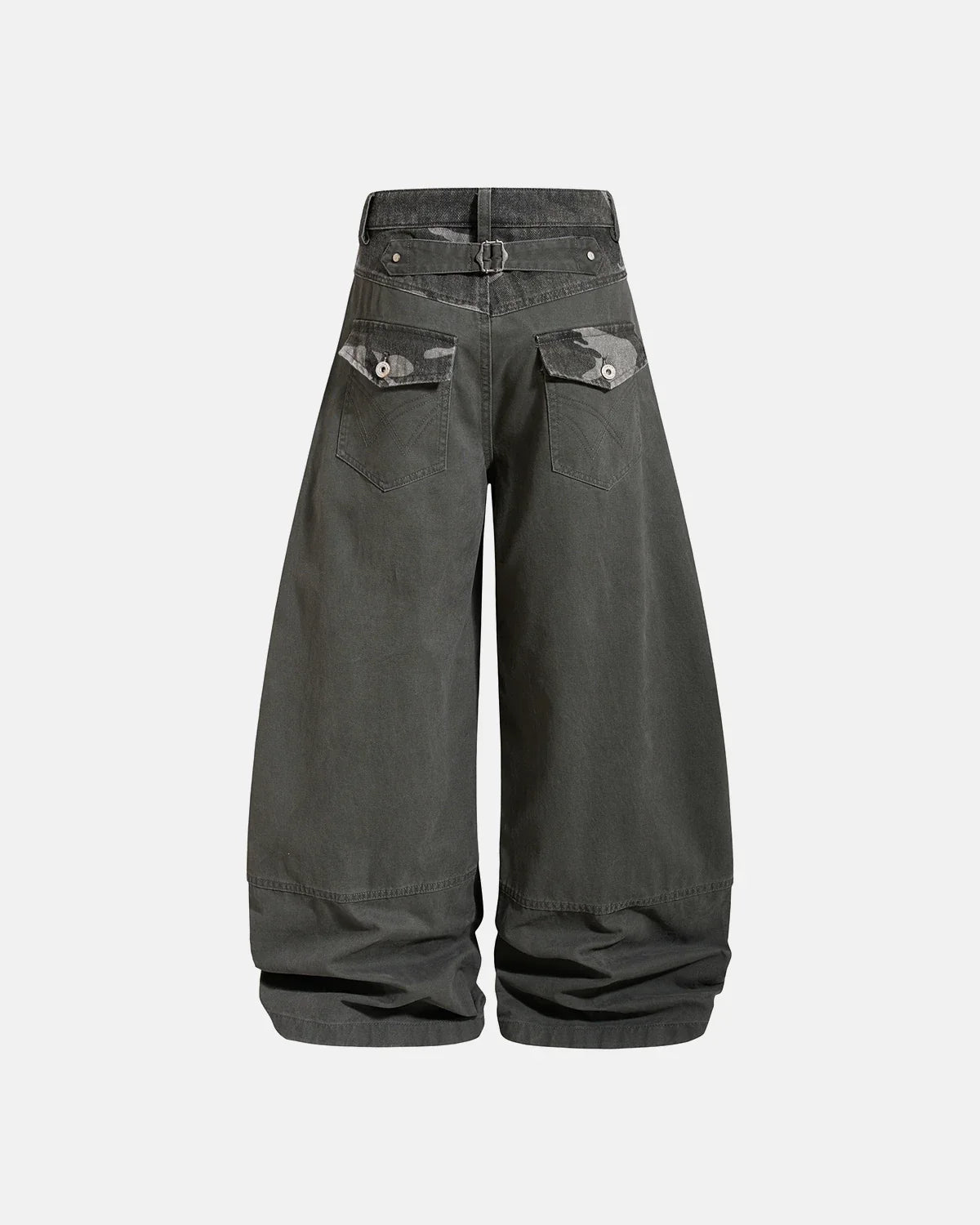 Camo patchwork barrel pants by INFLATION, featuring a relaxed fit with camouflage and patchwork details, streetwear style.