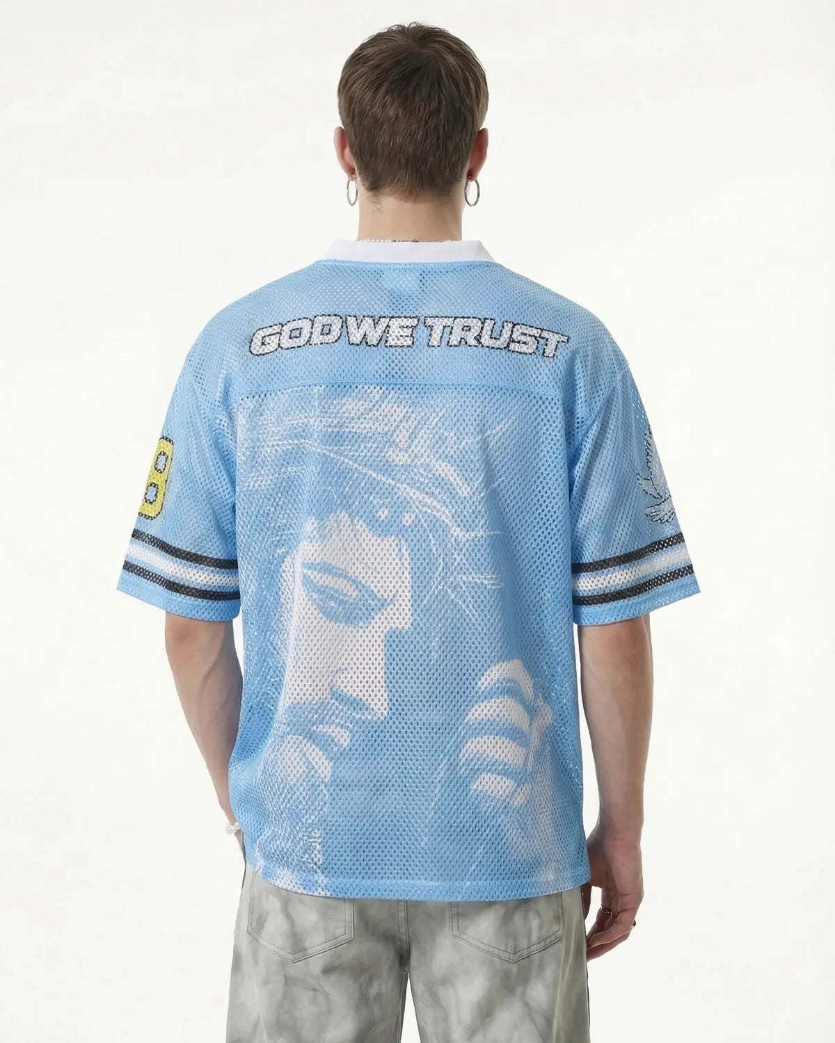 Dove Graphic Mesh Football Jersey by INFLATION featuring bold graphic design and breathable mesh fabric for streetwear style