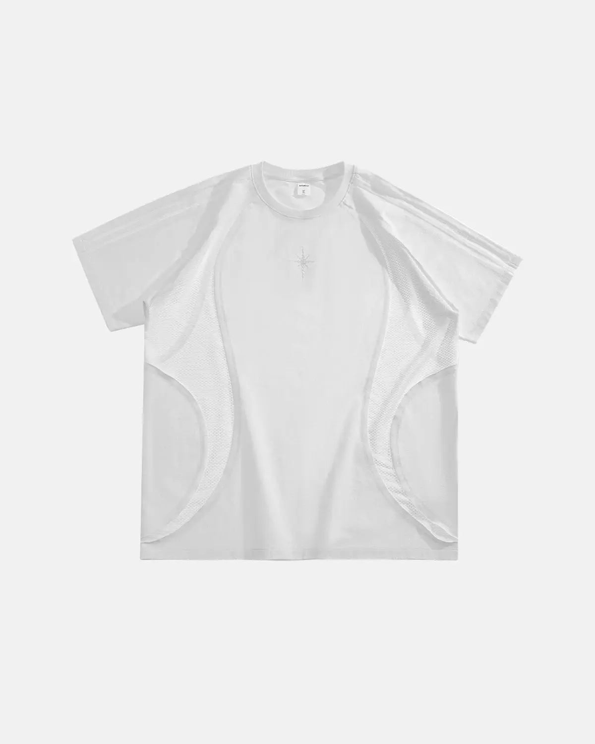 Inflation Streetwear mesh patchwork embroidered T-shirt with colorful stitching and detailed embroidery on the front.
