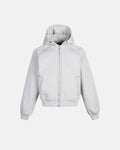 Gray Flation boxy zip-up hoodie with a front zipper and relaxed fit, shown on a model, highlighting casual streetwear style.