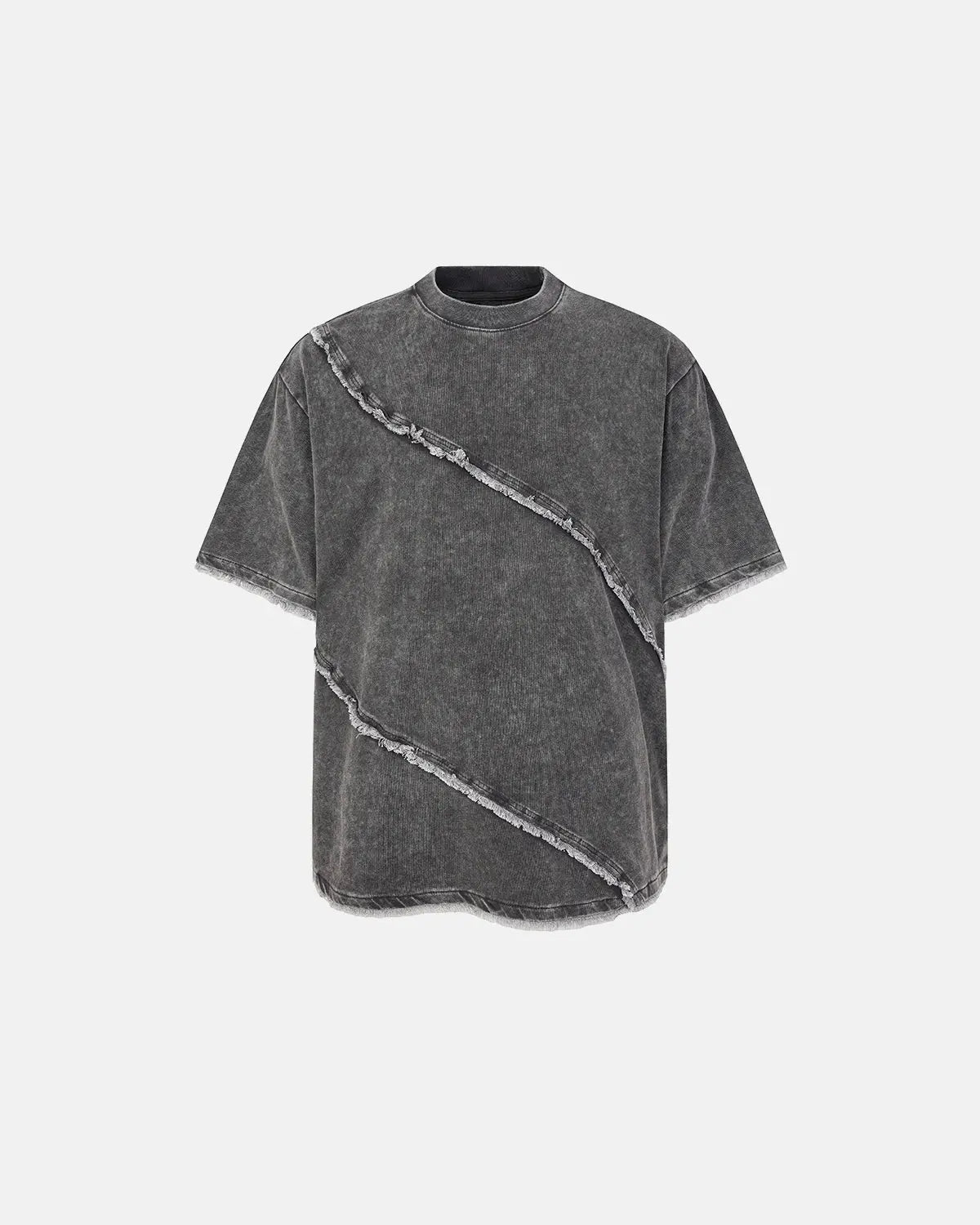 Raw edge deconstructed T-shirt by INFLATION Streetwear featuring distressed fabric and casual fit, displayed on a hanger.