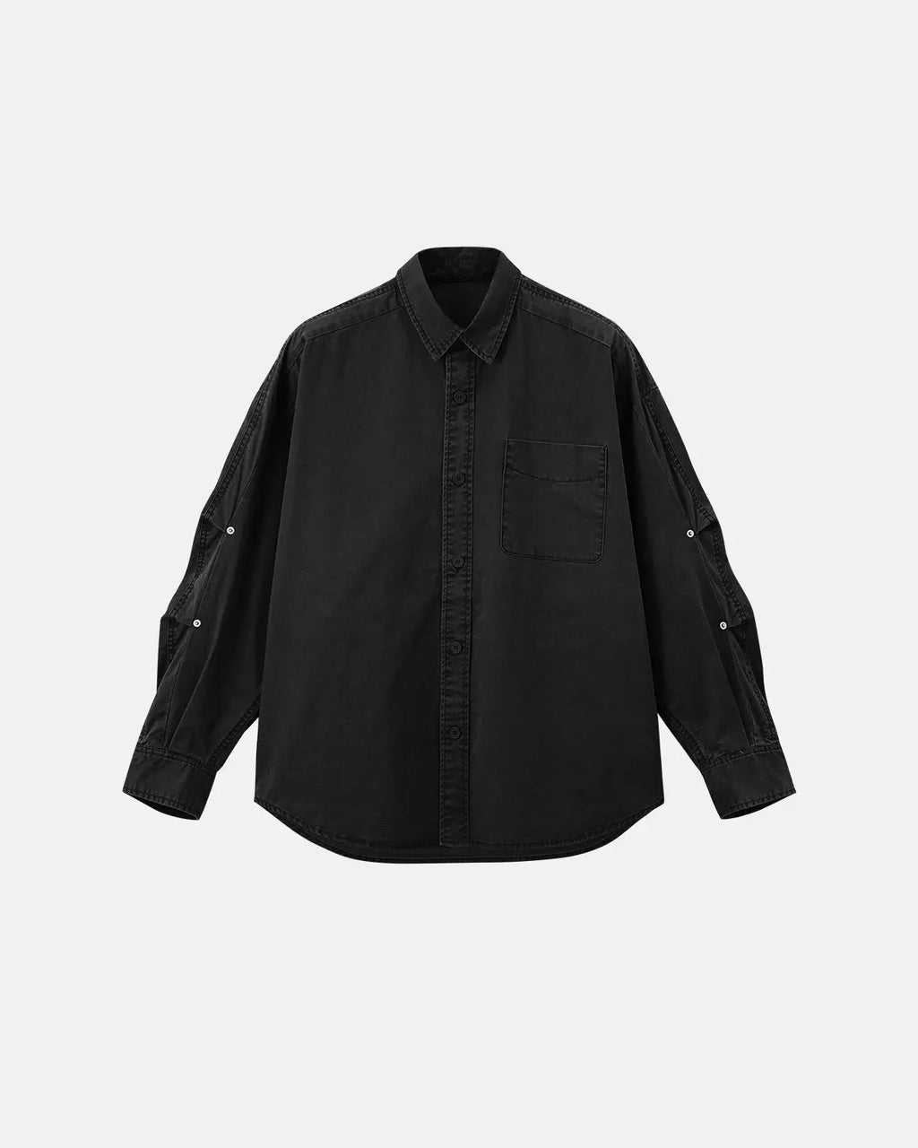 Acid wash cargo shirt jacket by Flation featuring multiple front pockets and a relaxed streetwear fit.