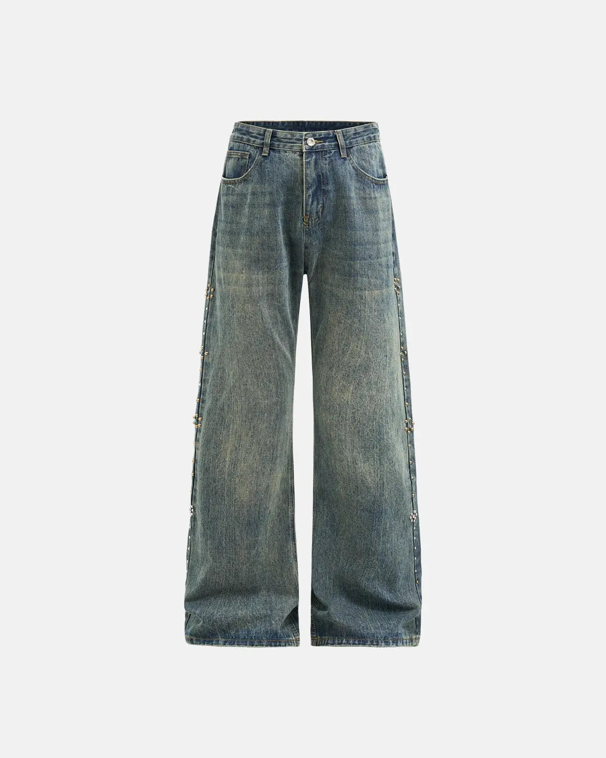 Acid wash beaded studded flared baggy jeans by INFLATION with distressed details and a relaxed streetwear fit.