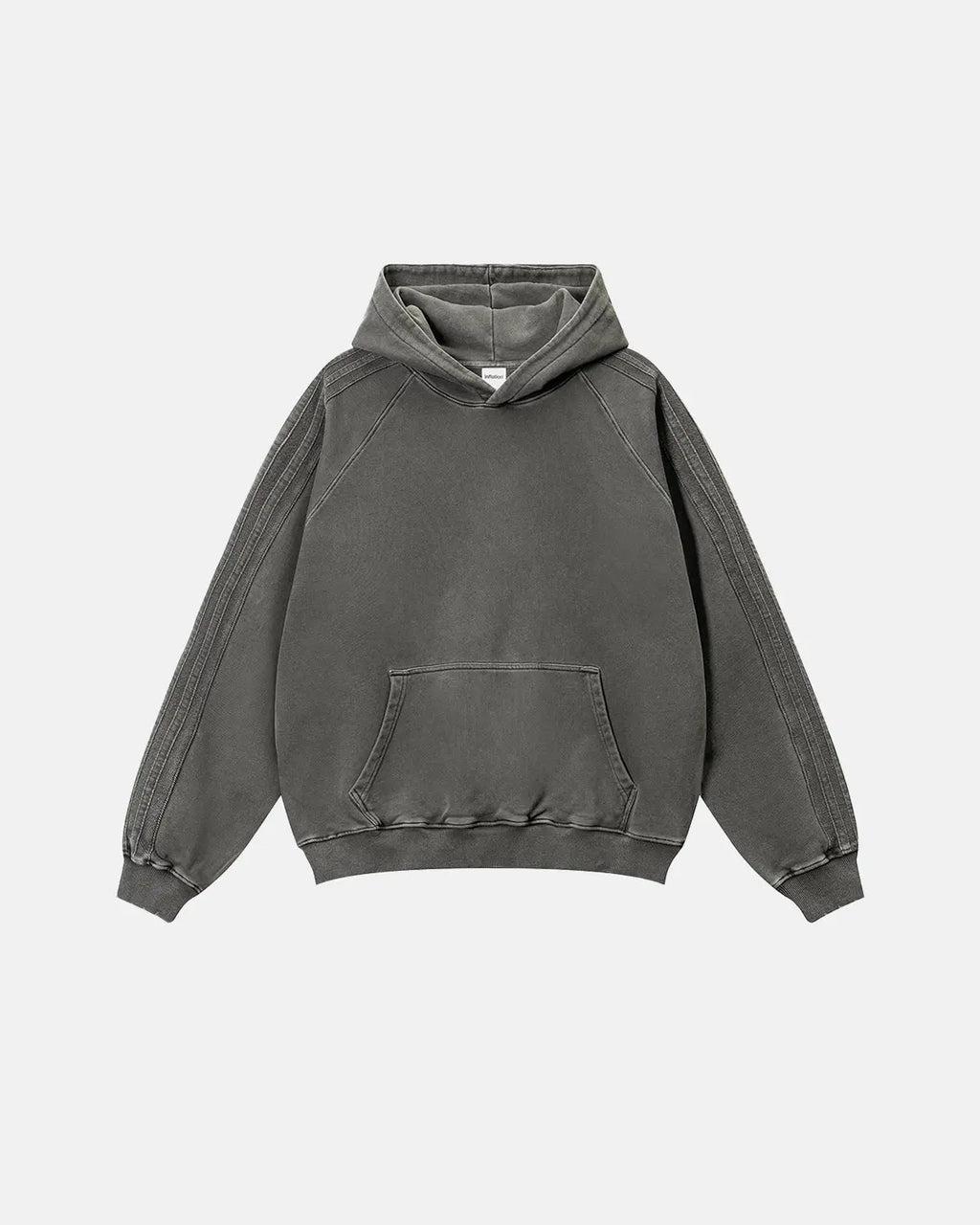 Inflation Streetwear frayed seam acid wash hoodie with distressed details and relaxed fit, showcasing casual street style.