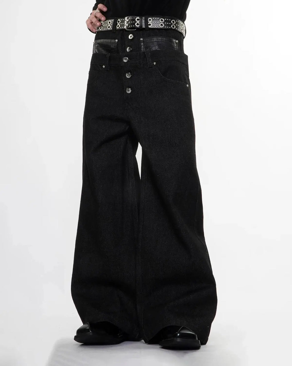 Inflation Double Waist Raw Super Baggy Jeans featuring a loose fit, raw denim texture, and streetwear style.