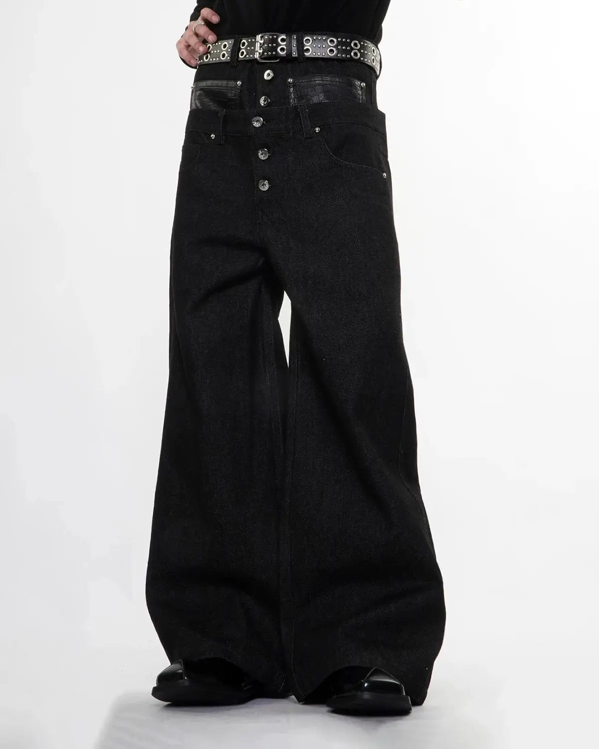 Inflation Double Waist Raw Super Baggy Jeans featuring a loose fit, raw denim texture, and streetwear style.