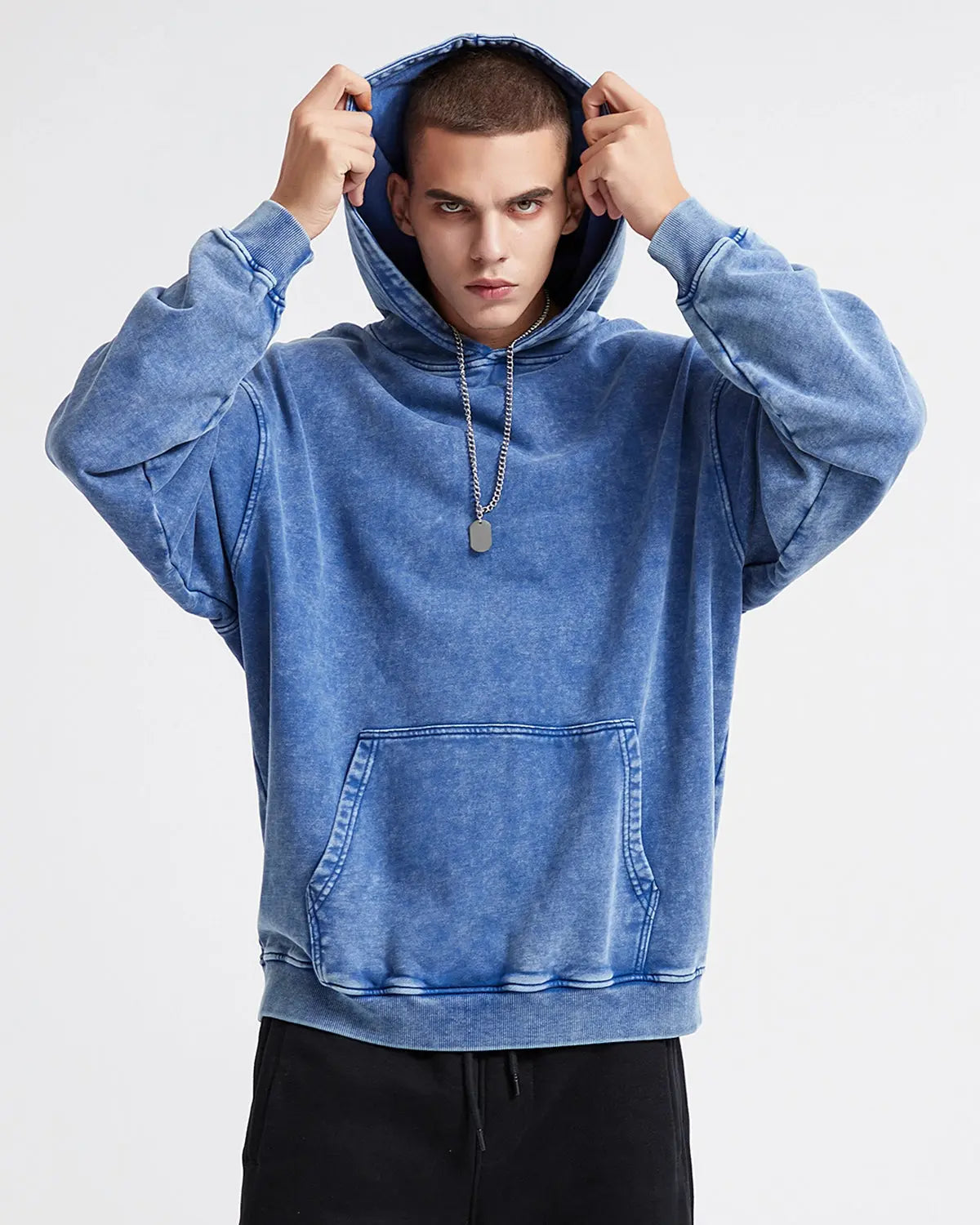 Inflation streetwear French Terry washed distressed hoodie with faded details and relaxed fit, casual streetwear style.