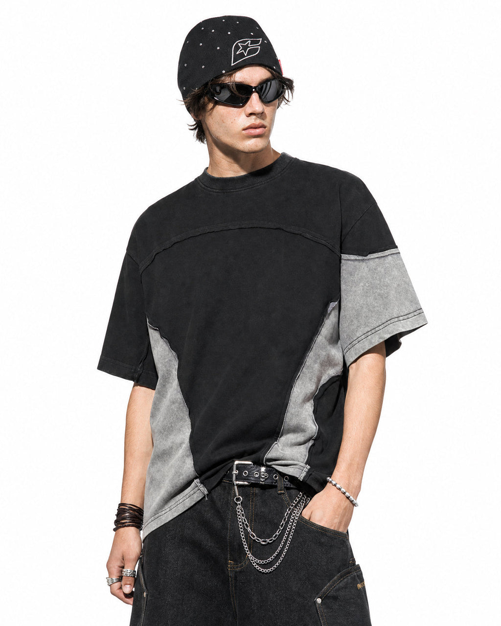 Inflation Streetwear patchwork washed boxy cropped T-shirt with colorful patchwork design and relaxed fit.