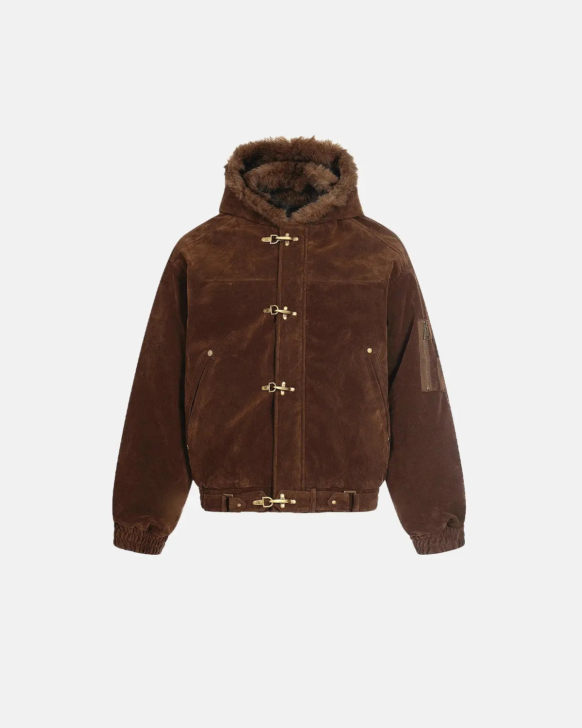 Inflation Streetwear faux fur lined clasp bomber jacket, black with zip closure, featuring a stylish collar and cozy interior lining.