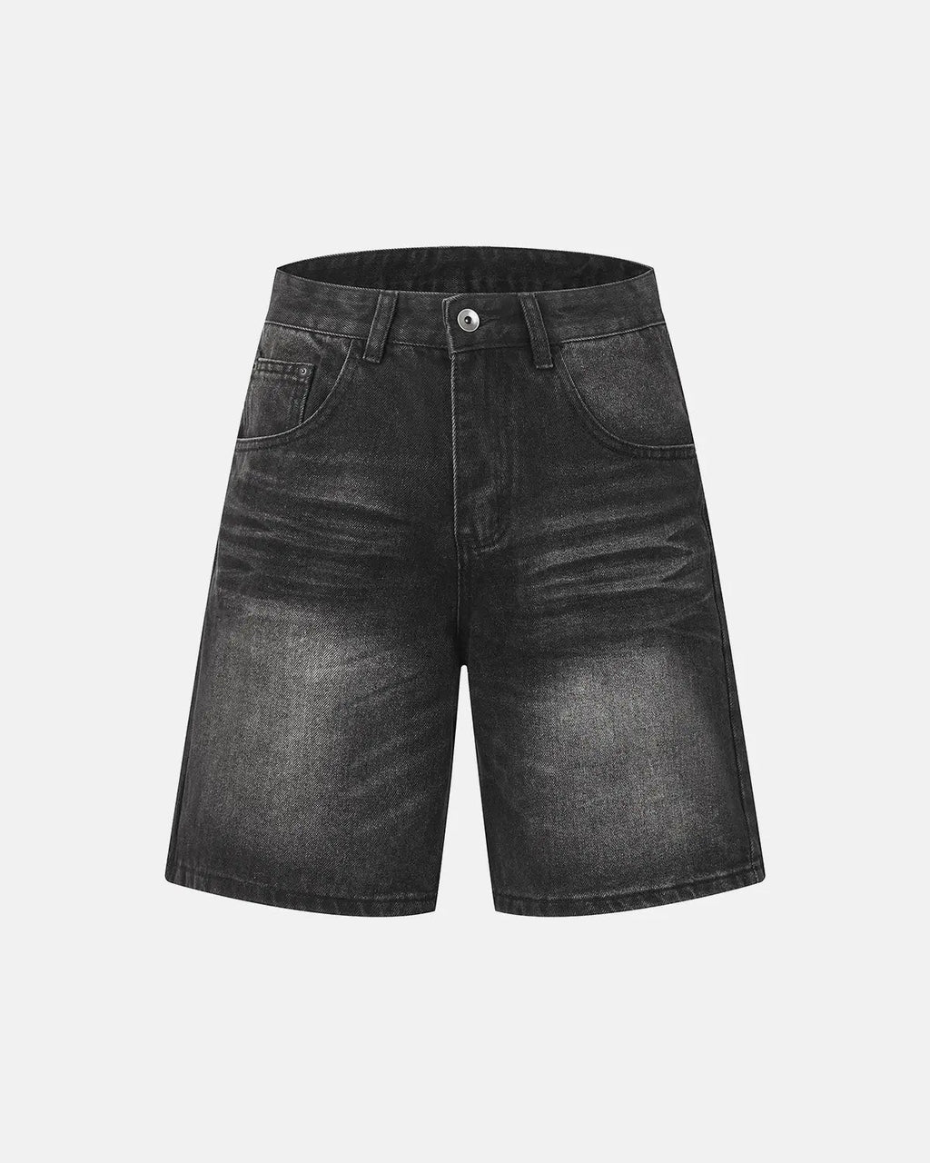 Inflation Streetwear mid-length washed denim shorts, casual pants with a relaxed fit, showcasing distressed details and classic denim texture.