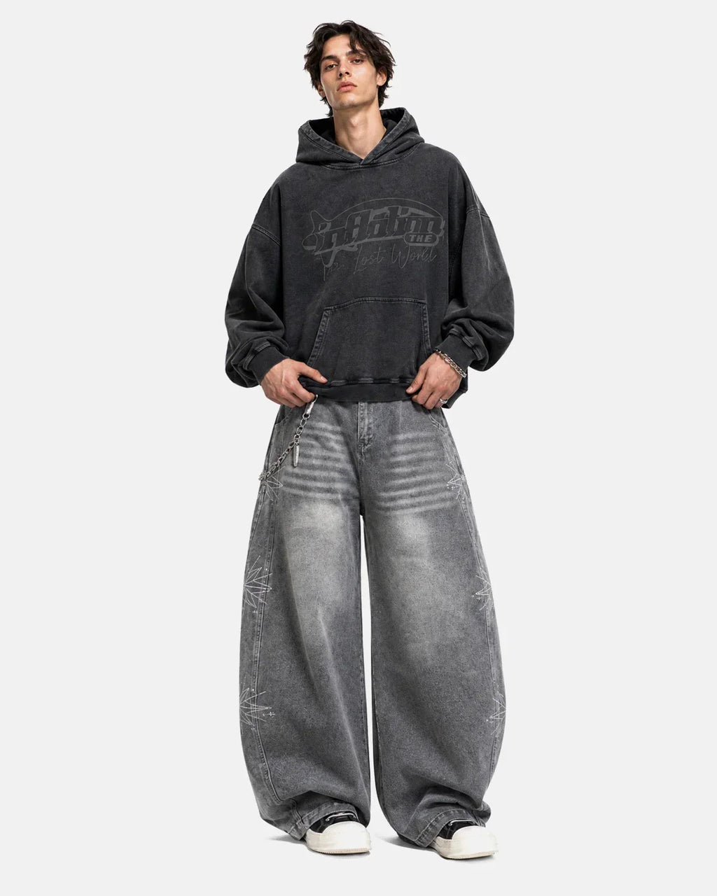 Flation star graphic rhinestone barrel baggy jeans, stylish streetwear pants with bold star embellishments and a relaxed fit.