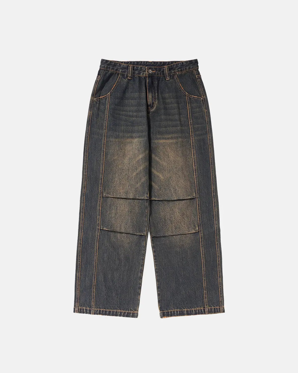 INFLATION faded dirty baggy cargo jeans with distressed details and relaxed fit, shown on a model.