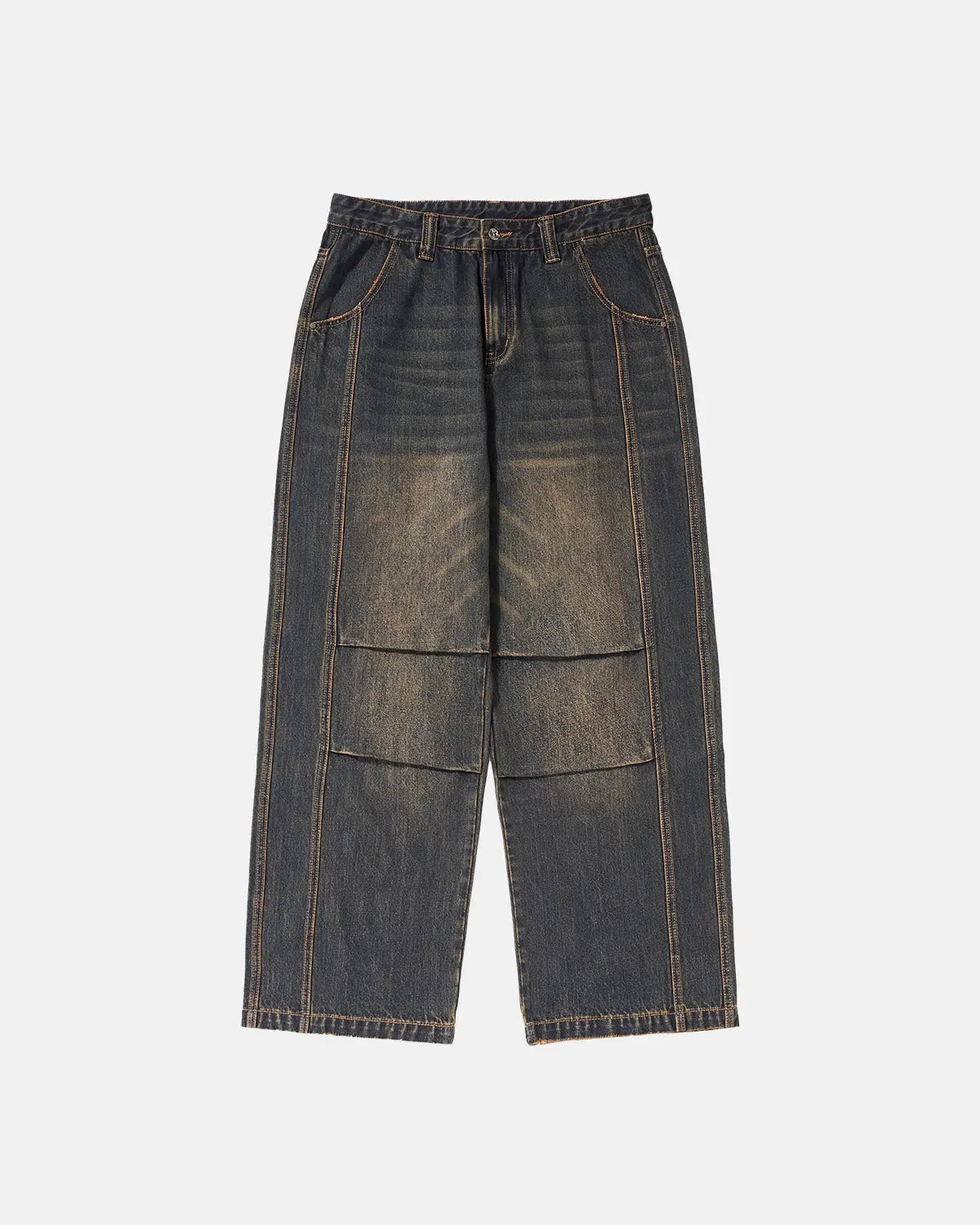 INFLATION faded dirty baggy cargo jeans with distressed details and relaxed fit, shown on a model.