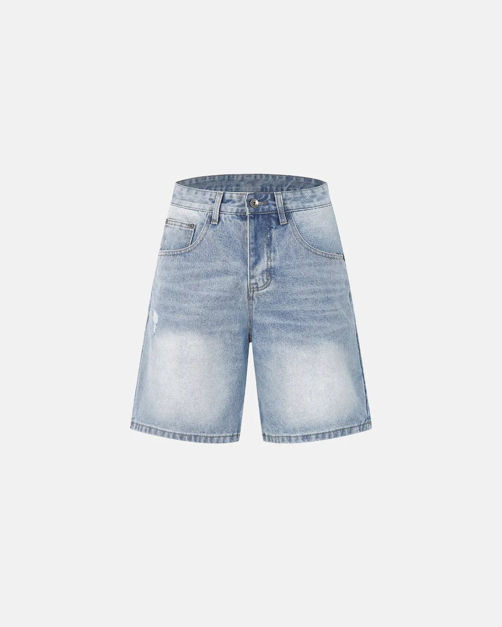 Ripped mid-length washed denim shorts by INFLATION, stylish streetwear pants with distressed details and casual fit.