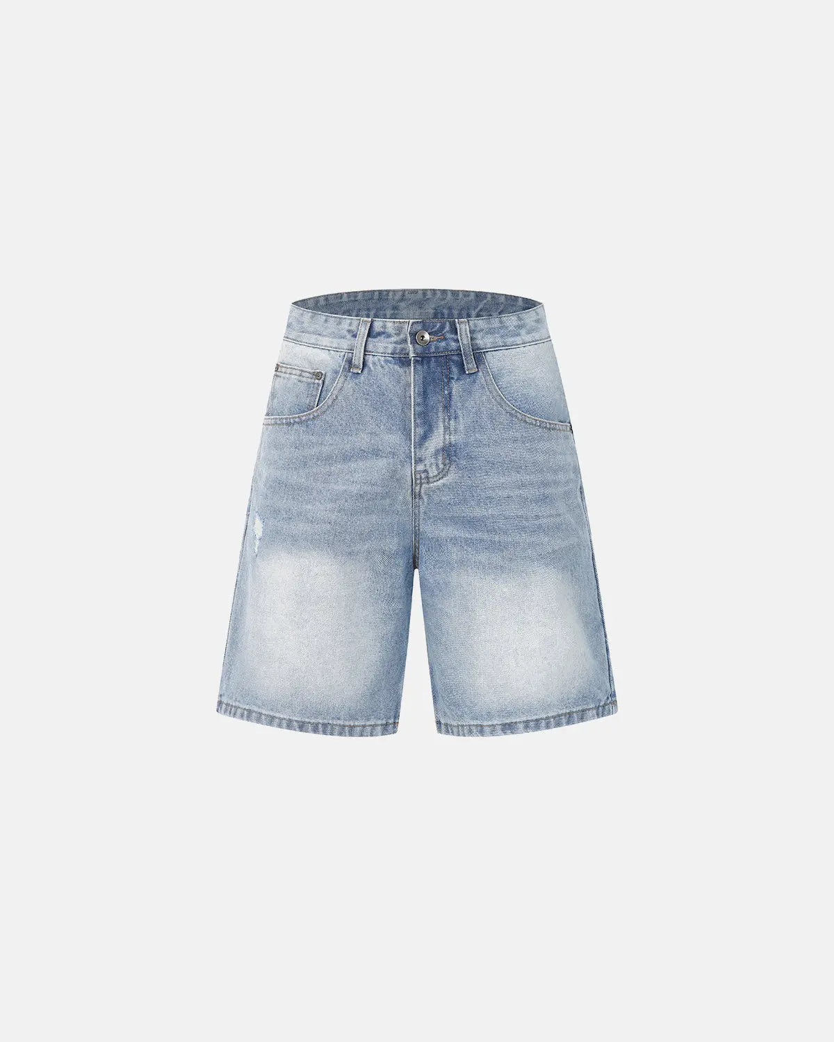 Ripped mid-length washed denim shorts by INFLATION, stylish streetwear pants with distressed details and casual fit.
