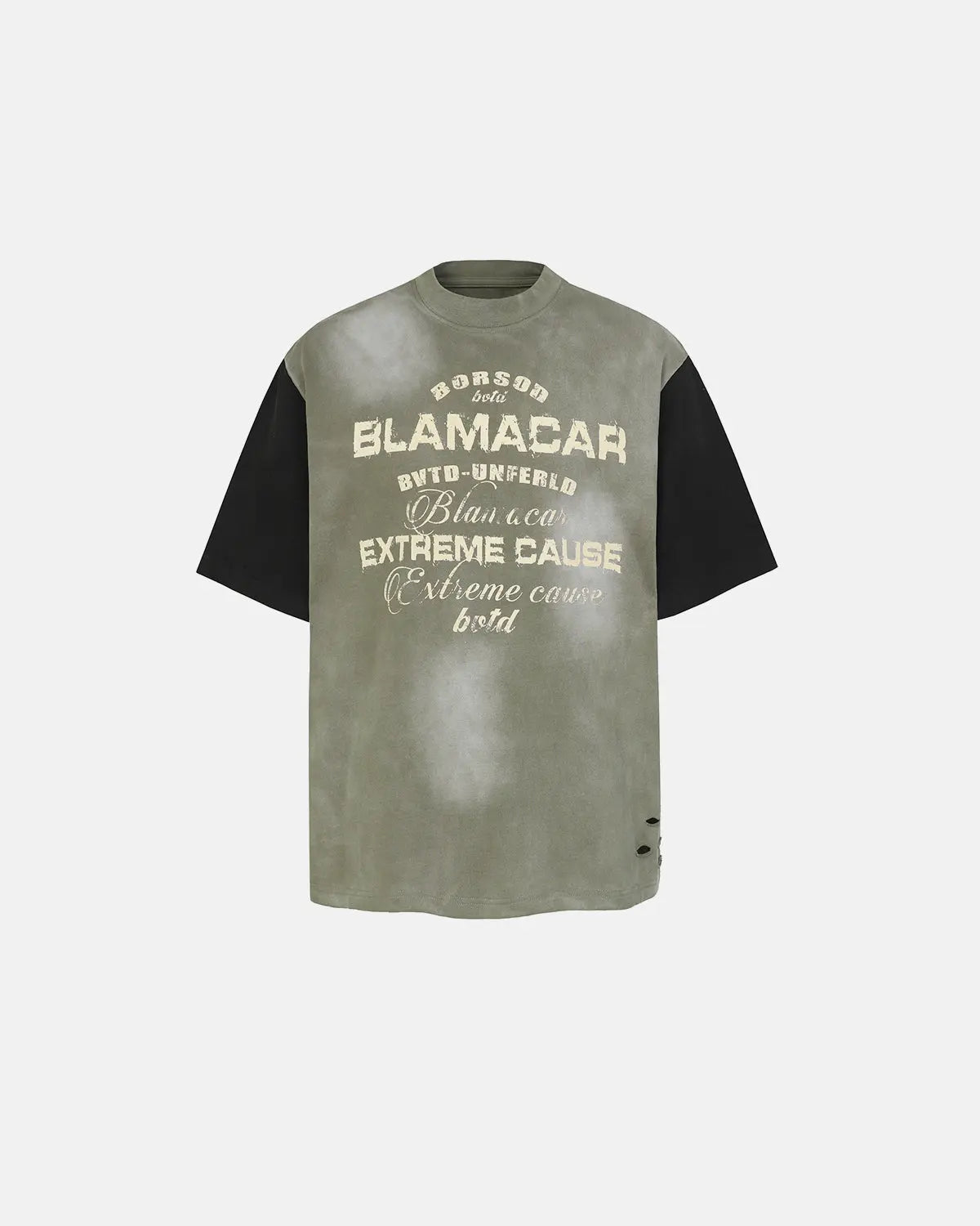 Inflation Streetwear patchwork washed graphic T-shirt with colorful patch designs and distressed textures, casual streetwear style.