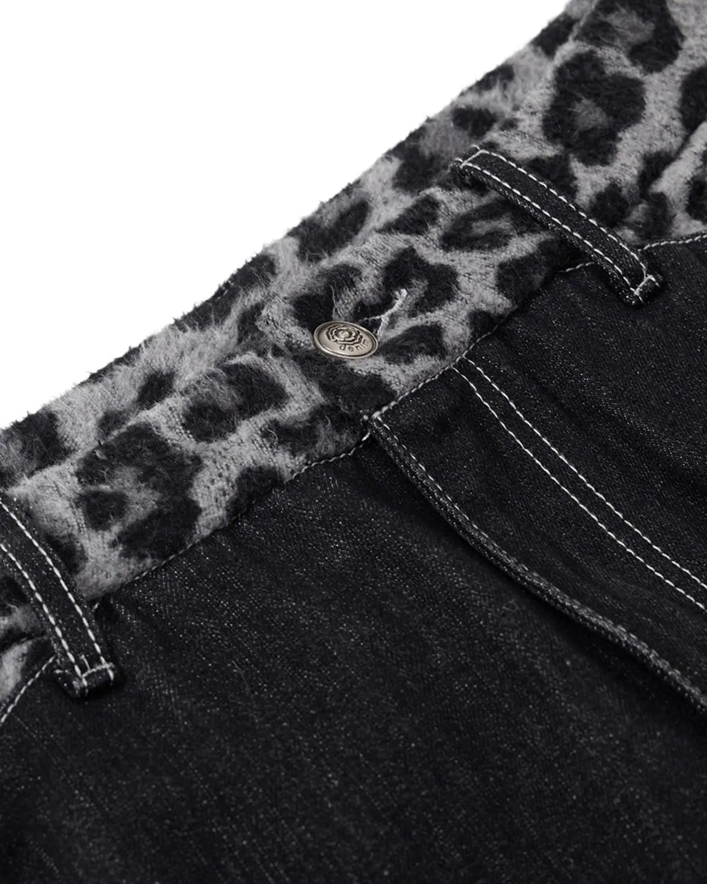 Leopard patchwork raw straight-leg jeans by INFLATION featuring a stylish animal print design and casual streetwear style.