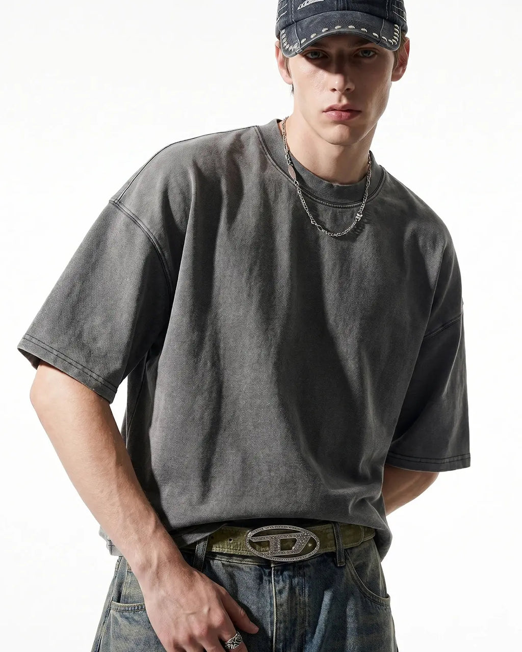 Distressed boxy washed T-shirt by Flation Streetwear, featuring a vintage-inspired, casual fit with faded, worn-in fabric.