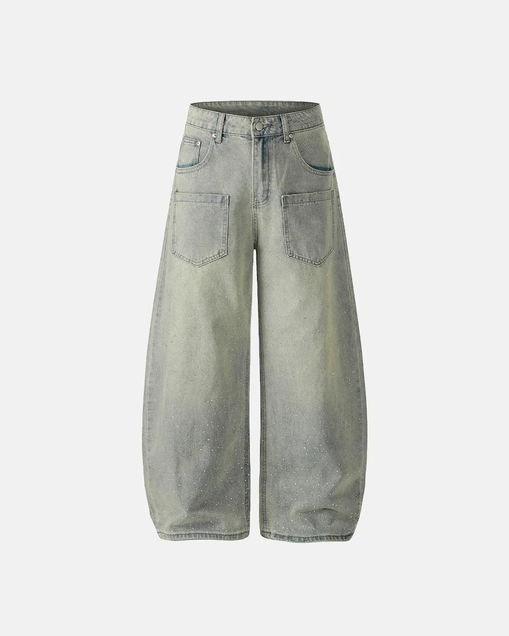 Acid wash rhinestone baggy jeans by INFLATION featuring distressed denim and sparkling rhinestone details on a streetwear style.