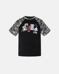 Inflation Streetwear camo sleeve graphic boxy T-shirt, featuring bold camo pattern and relaxed fit, displayed on a hanger.