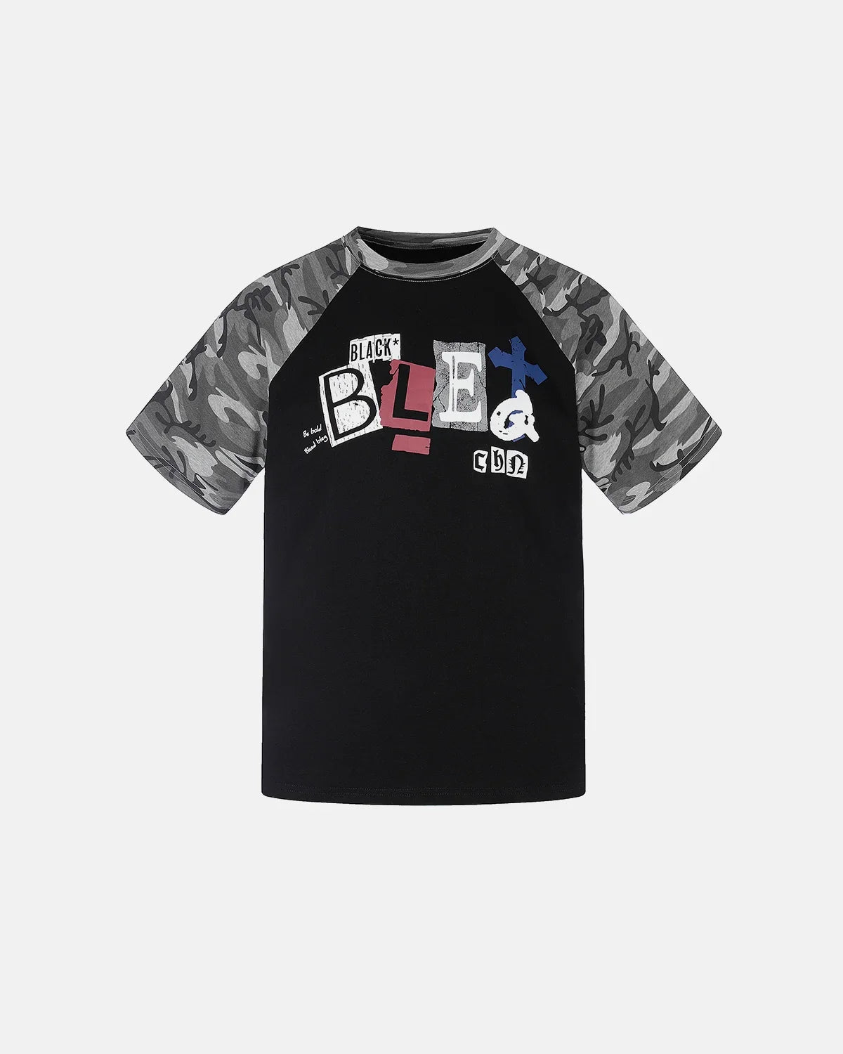 Inflation Streetwear camo sleeve graphic boxy T-shirt, featuring bold camo pattern and relaxed fit, displayed on a hanger.