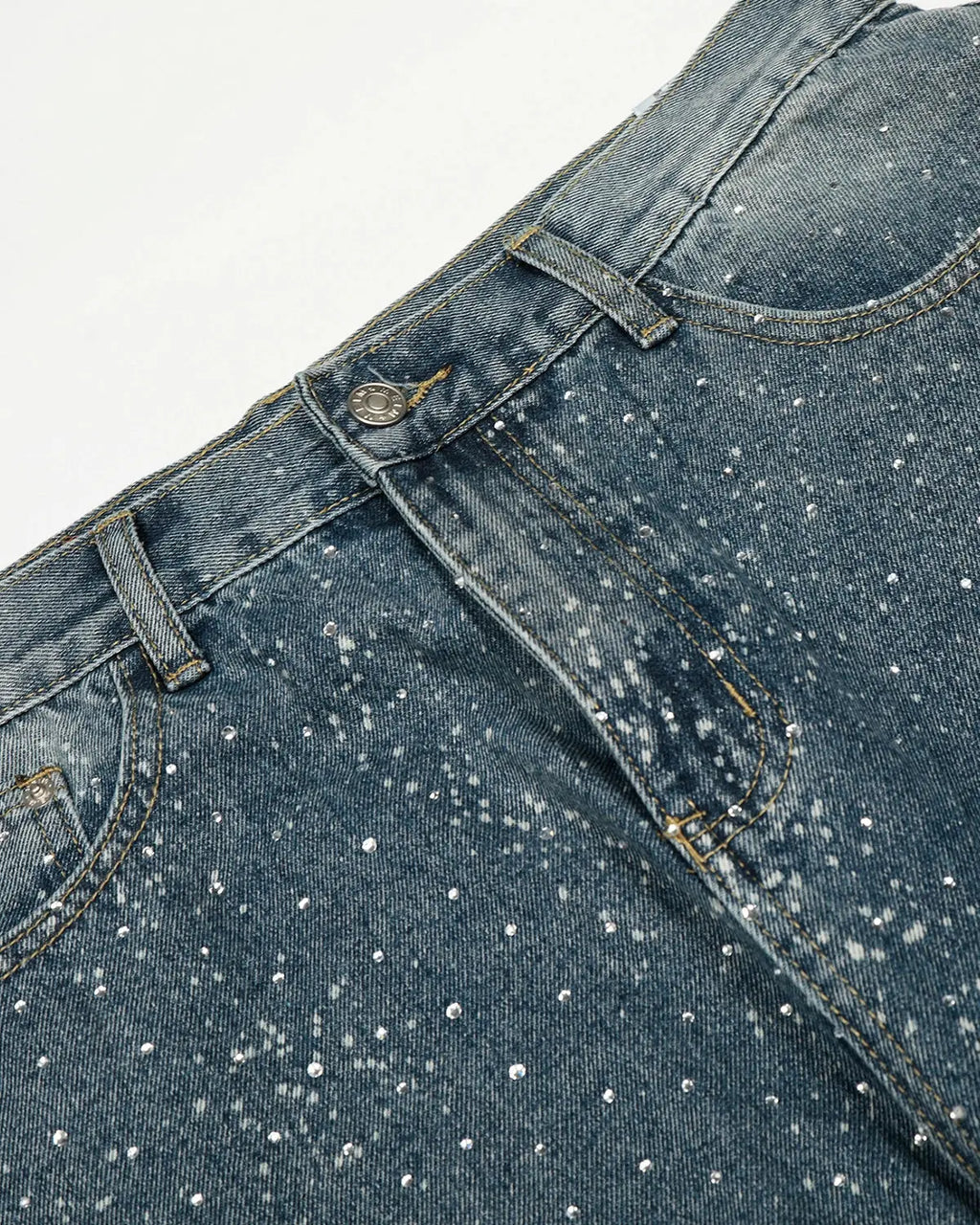 Inflation Rhinestone Straight Leg Denim Jeans showing sparkling rhinestone embellishments on classic blue jeans.