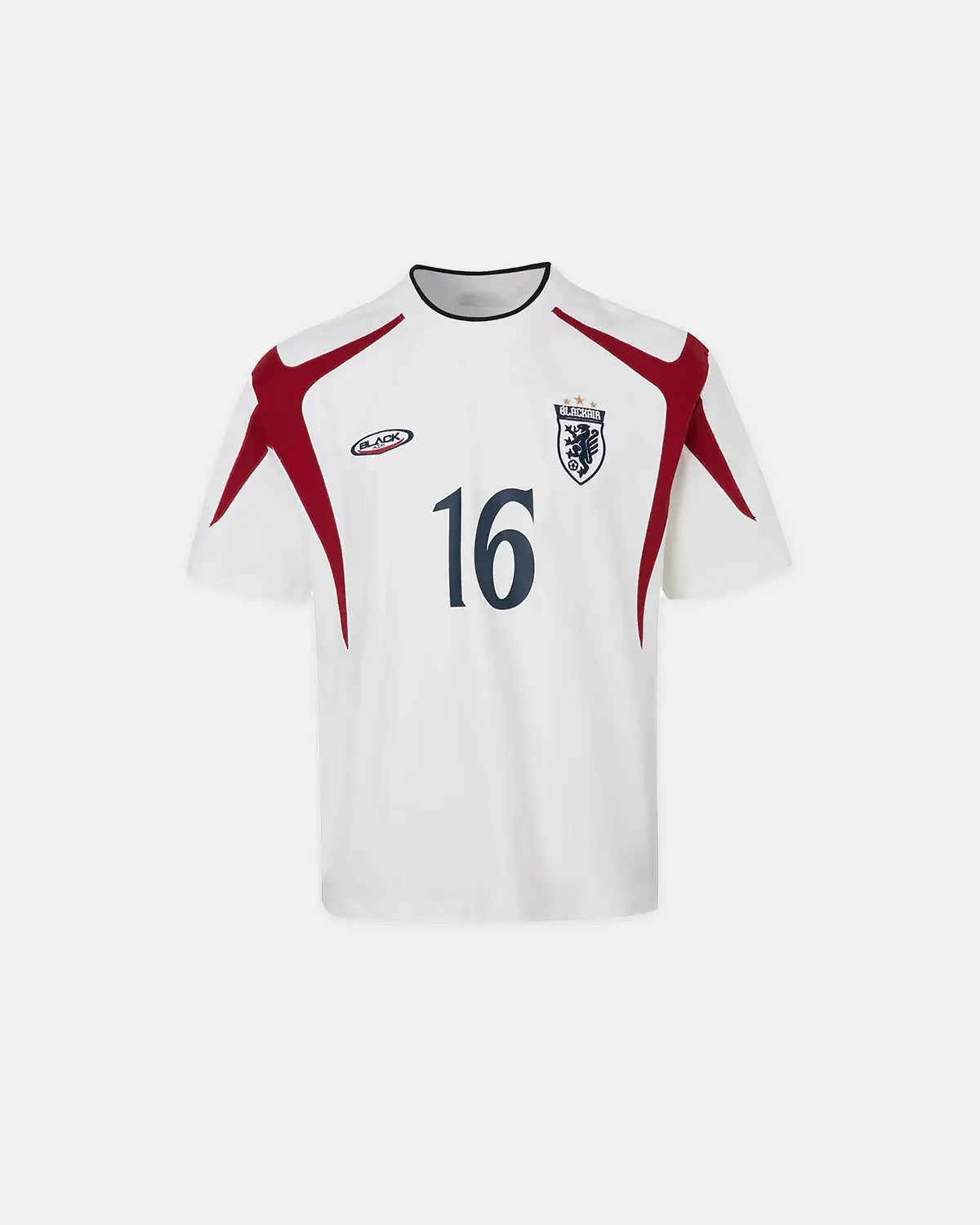 Retro color block embroidered jersey T-shirt by INFLATION, featuring bold color blocks and detailed embroidery on soft fabric.