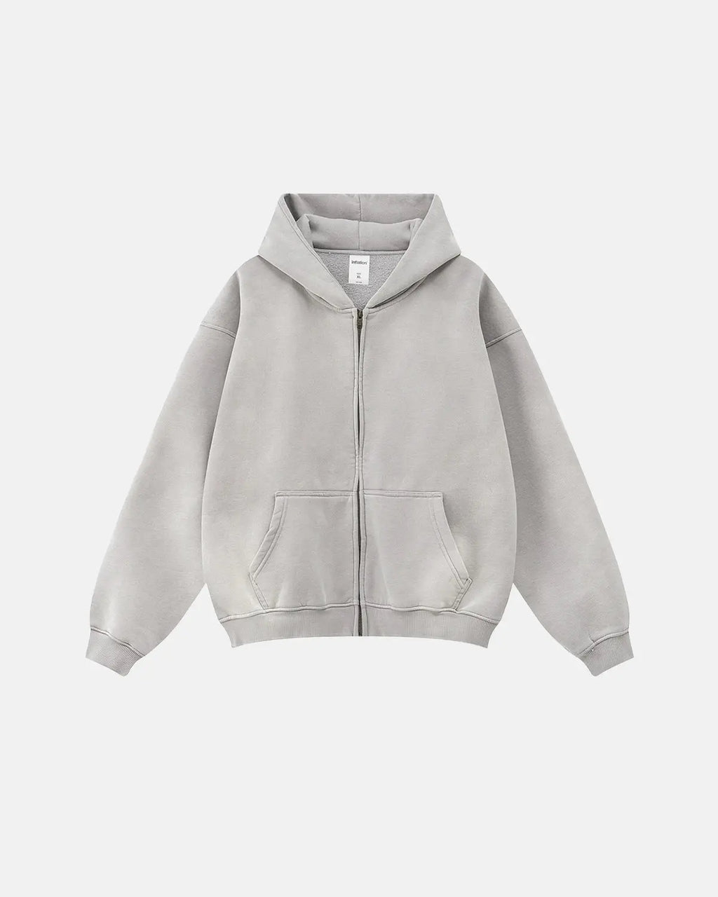 Flation streetwear acid washed zip-up hoodie featuring a relaxed fit and casual style, displayed on a hanger.