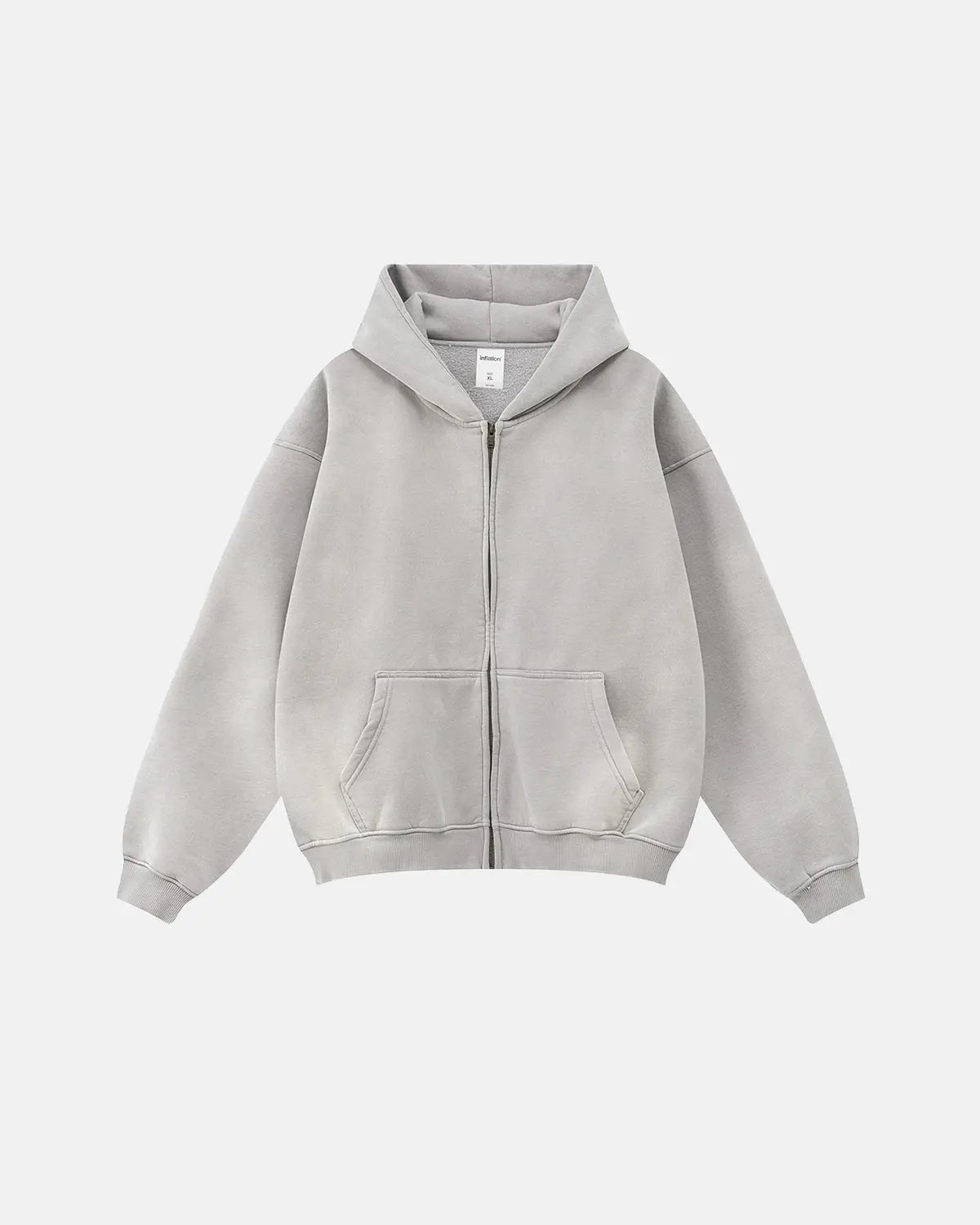 Flation streetwear acid washed zip-up hoodie featuring a relaxed fit and casual style, displayed on a hanger.