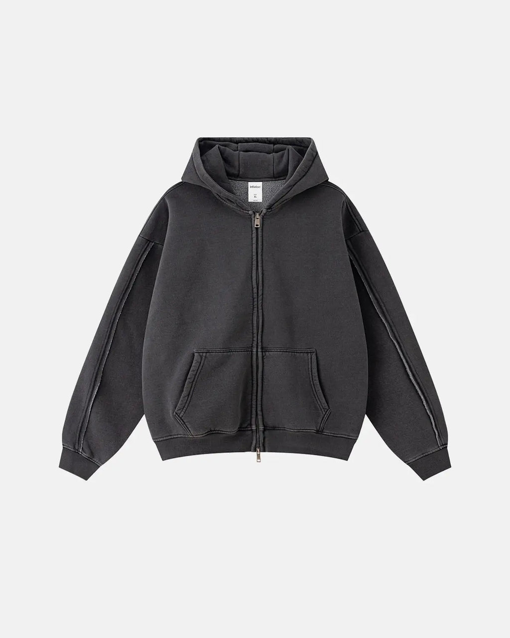 Inflation Streetwear washed raw edge boxy zip-up hoodie in gray with a relaxed fit and front zipper detail.
