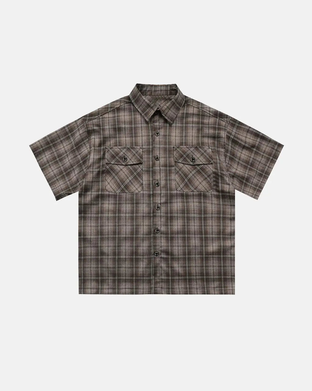 Inflation Streetwear plaid script embroidered shirt showing a stylish casual shirt with embroidered branding and a plaid pattern.